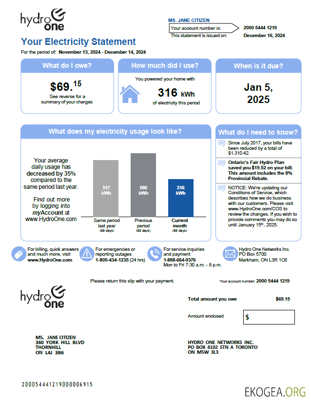 Canada Hydro One utility bill template in Word and PDF formats, version 2